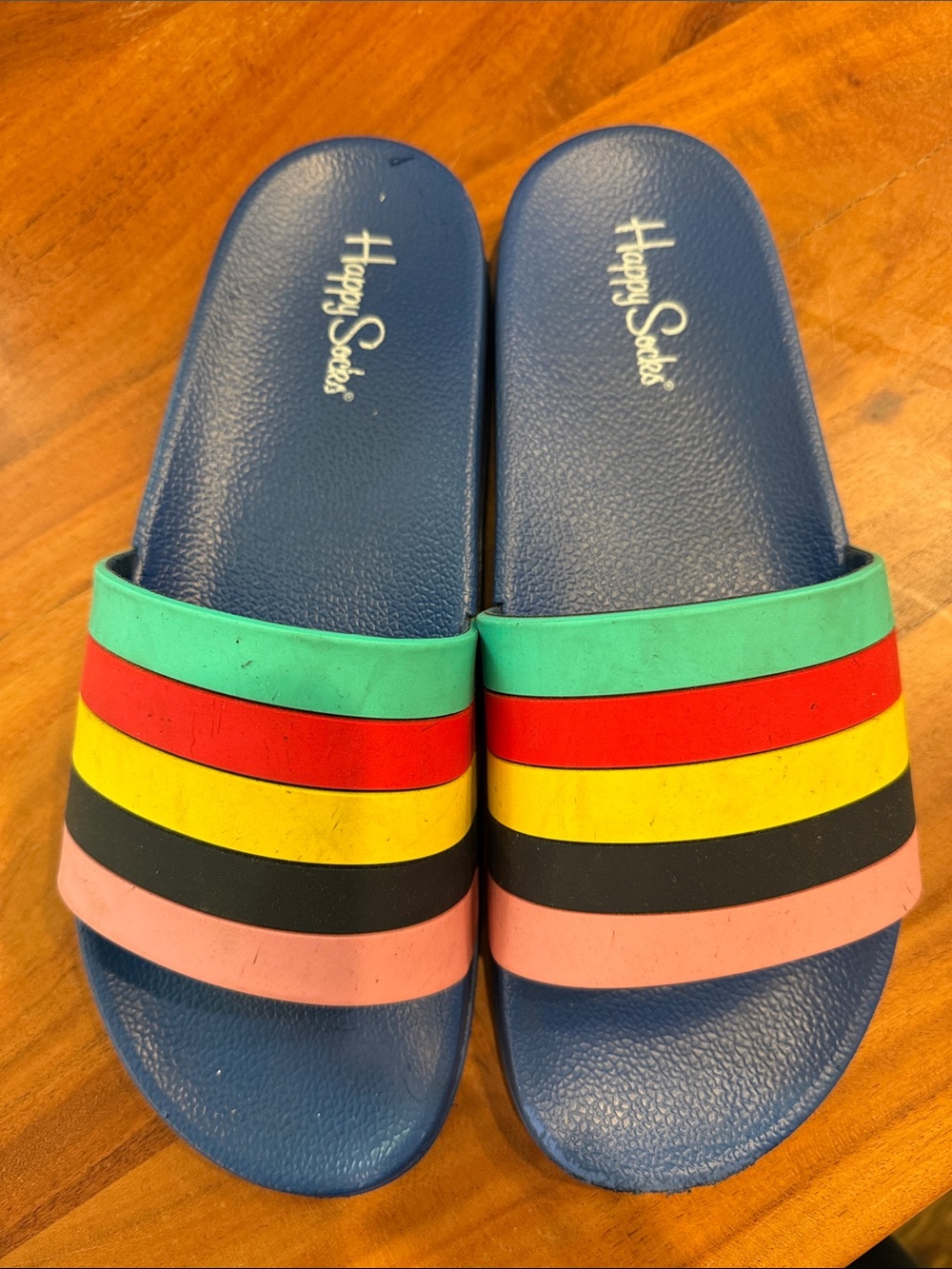 Happy Socks Navy Slide Sandals with Multicolor Stripes